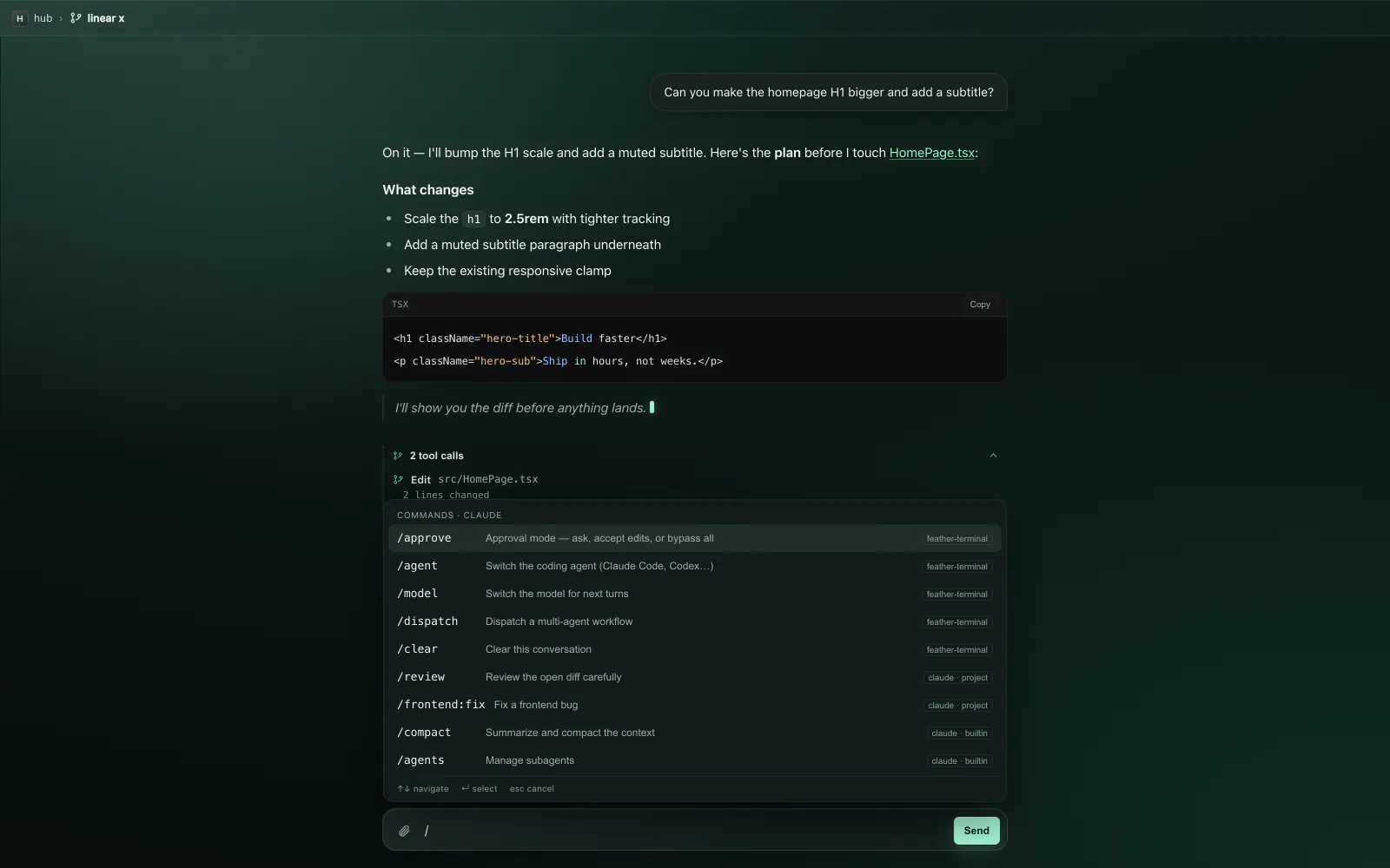 An agent chat showing a plan, a TSX code block, an expanded tool call, and an open slash command palette.