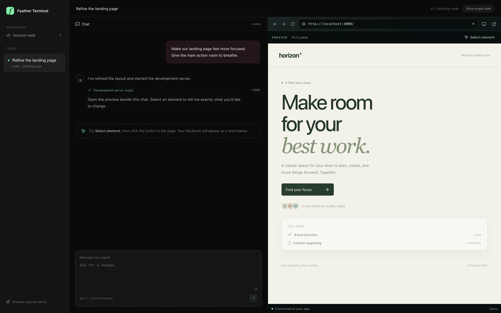 A chat pane beside a live browser preview of a landing page, with a Select element control in the preview toolbar.