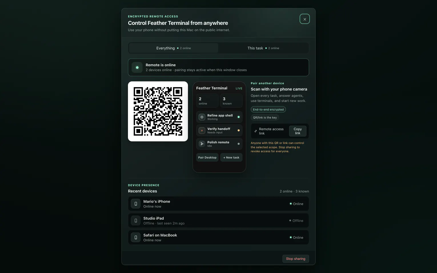 The remote access dialog with a pairing QR code, a phone-sized task list, and three recent devices.