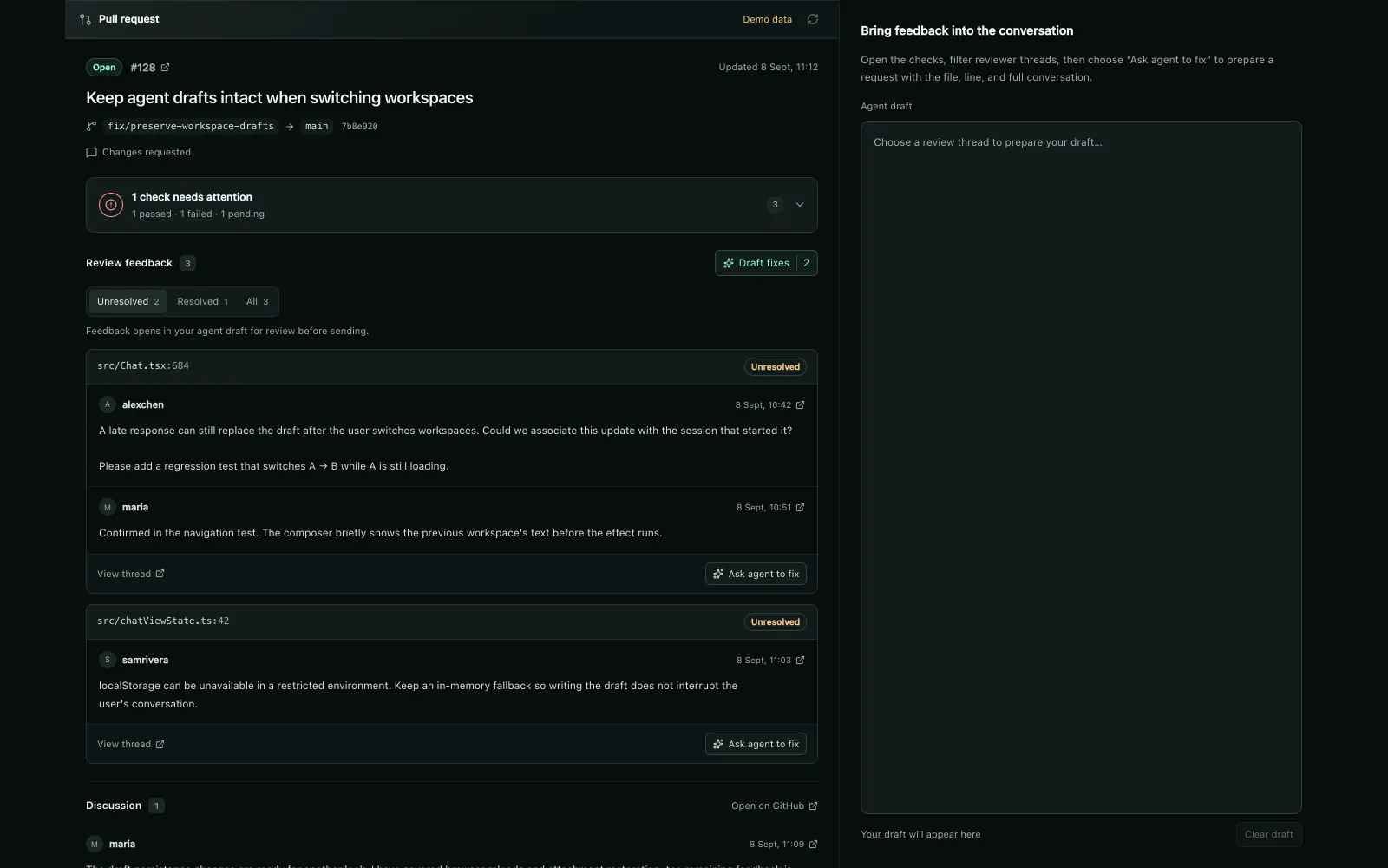 A pull request view with failing checks and unresolved reviewer threads, beside an agent draft panel.