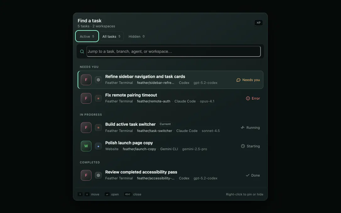 The Find a task palette listing tasks grouped by Needs you, In progress, and Completed.