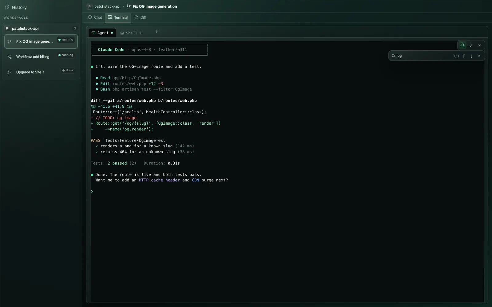 A terminal pane showing a Claude Code session with a git diff, passing tests, and an open search field.